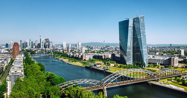 Aerial view of Frankfurt  with EZB tower under blue sky
