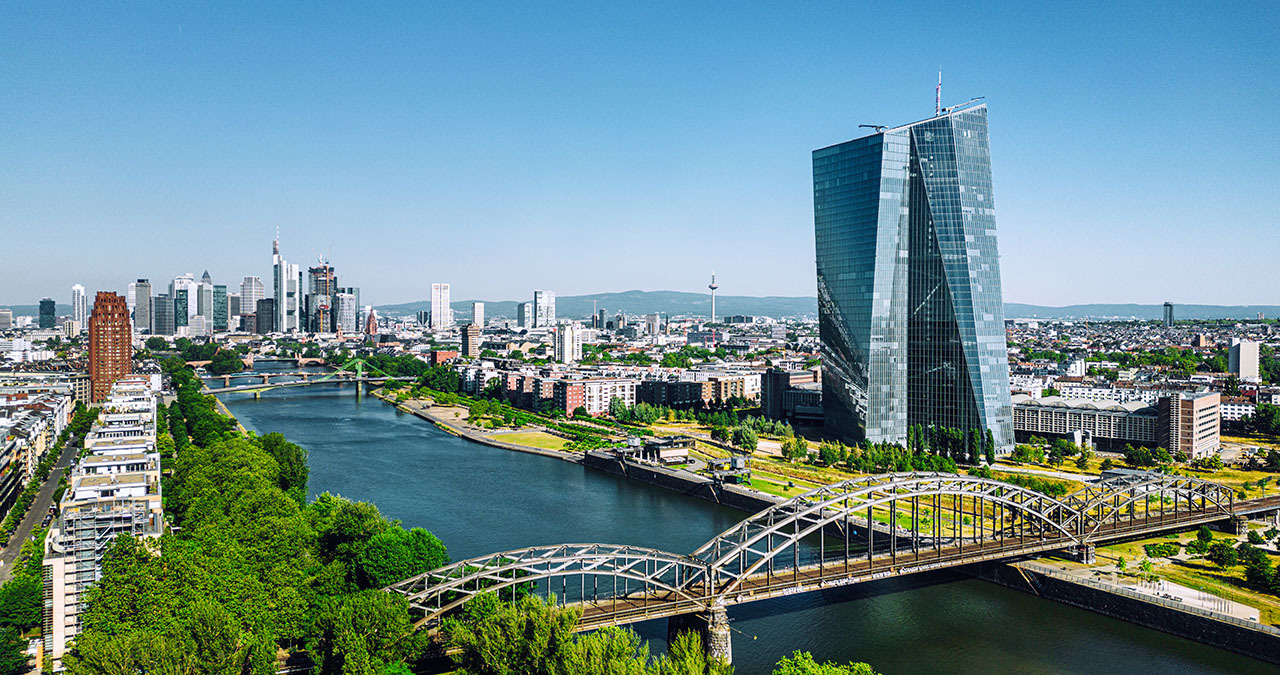 Aerial view of Frankfurt  with EZB tower under blue sky